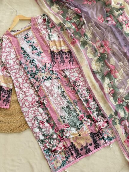Ready made pink floral printed Pakistani suit